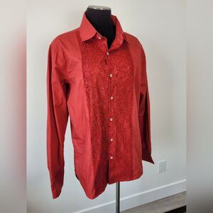 Women's Red Button Up Blouse Top Shirt 100% Cotton Lace Romantic Oversized